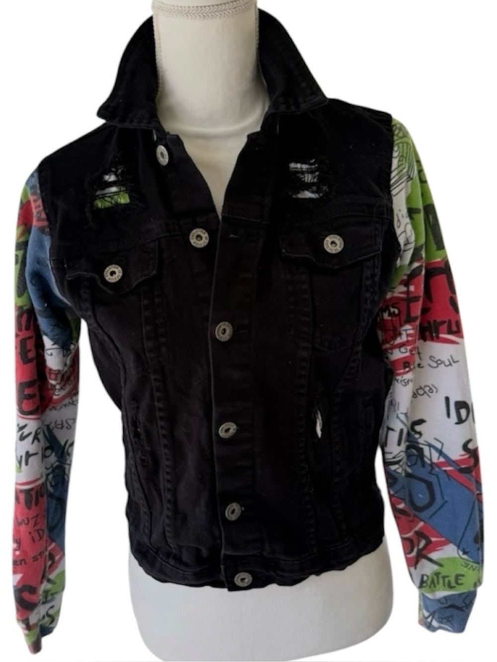 Black denim distressed jacket cotton mixed medi button front crop streetwear